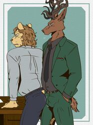 2021 ? anthro antlers ass beastars bottomwear brown_body brown_fur bulge cervid cervine clothed clothing confusion desk dress_shirt duo eyewear felid frottage fur furniture glasses grinding hands_in_pockets hi_res horn ibuki_(beastars) kinktober lion male male/male male_only mammal mane mature_anthro mature_male necktie oguma_(beastars) pantherine pants pockets red_deer sex shirt spicedpopsicle standing suit tan_body tan_fur teeth topwear watermark whiskers