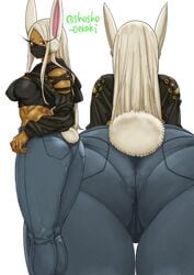 1girls ass ass_focus big_ass breasts bunny_ears bunny_tail dark-skinned_female dark_skin eye_contact face_mask female female_only jeans long_hair looking_at_viewer mask miruko my_hero_academia pant red_eyes rumi_usagiyama shosho_oekaki sideboob solo standing tight_clothing tight_jeans tight_pants white_hair