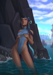 1girls arousal aroused black_hair blue_eyes blue_highlights blush blushing breast_grab breast_squeeze breasts clothed dark-skinned_female dark_skin deilan12 ear_piercing earrings female female_focus female_only game_freak hoop_earrings lighthouse long_hair nessa_(pokemon) nintendo ocean one-piece_swimsuit outdoor outdoors outside partially_submerged pokemon pokemon_ss small_breasts solo solo_female solo_focus standing sweat sweatdrop sweating swimsuit