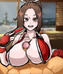 1boy 1girls 2d alternate_breast_size animated big_breasts breasts censored clothed_paizuri clothed_sex clothing confident fatal_fury female gif hands-free_paizuri happy happy_paizuri happy_sex huge_breasts king_of_fighters large_breasts mai_shiranui male mosaic_censoring paizuri paizuri_lead_by_female paizuri_on_lap pixelated snk snk_heroines:_tag_team_frenzy straight vkid