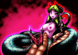 1futa 3_eyes alternate_costume breasts corruption cover cum dark_persona diphallia diphallism earrings fangs fingerless_gloves futa_only futanari gloves green_hair hemipenes highres horns intersex jewelry lamia monster_girl multi_eye multi_penis nipple_piercing nipples penis piercing pointy_ears red_eyes sanae_kochiya smile solo touhou transformation yuzu_momo