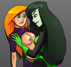 2girls areolae blush breasts disney female female_only green_eyes green_hair hagfish human kim_possible kimberly_ann_possible long_hair multiple_females multiple_girls nipple_piercing nipples orange_hair piercing shego straight_hair very_long_hair yuri