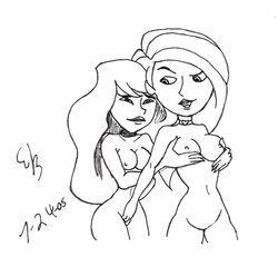 2005 disney female female_only human kim_possible kimberly_ann_possible monochrome multiple_females nipples shego straight_hair tagme themushroomking yuri