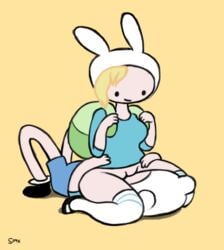 adventure_time backpack bag blonde_hair chubby clothing cute facesitting female finn_the_human fionna_the_human_girl hair hat human male selfcest shirt simx smile stockings straight thighs wide_hips