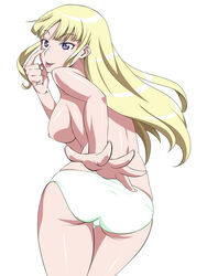 :p ass back blonde_hair bottomless breasts cameltoe emilie_de_rochefort female female_only from_behind hinoki human large_breasts leaning_forward long_hair looking_back nipples no_bra panties pointy_chin purple_eyes sideboob solo tekken tongue topless underwear white_panties