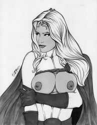 arm_grab breasts cape dark_cape dark_gloves dc female female_only gloves greyscale kara_zor-l karen_starr kirk_lindo light_hair light_skin long_hair looking_aside monochrome nipples power_girl simple_background solo tagme wavy_hair white_background