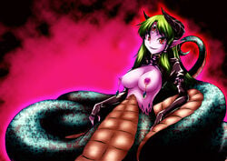 alternate_costume breasts cover dark_persona earrings fangs female female_only fingerless_gloves gloves green_hair highres horns jewelry lamia monster_girl nipple_piercing nipples piercing pointy_ears red_eyes sanae_kochiya smile solo touhou yuzu_momo