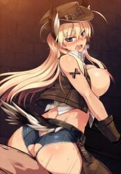 ass blonde_hair blue_eyes blush bouncing_breasts breasts censored clothed_sex clothing cowboy_hat cowgirl_position female gloves hanna-justina_marseille hat head_wings jacket large_breasts long_hair looking_at_viewer looking_back nipples null_(nyanpyoun) open_mouth reverse_cowgirl_position sex shorts solo_focus straddling strike_witches sweat tail tattoo western