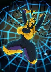 alien_girl beast_wars black_eyes blackarachnia cave female grin huge_breasts legs_spread robot robot_girl slightly_chubby spider_web thick_thighs thong transformers vhite9