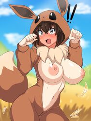 !! 1girls aged_up alternate_breast_size alternate_version_available areolae big_breasts blush breasts brown_eyes brown_hair cosplay eevee_(cosplay) embarrassed exclamation_point female game_freak hagarza_p hoodie large_breasts nintendo nipples no_bra npc_trainer outside poke_kid_(pokemon) poke_kid_(pokemon_ss) pokemon pokemon_(cosplay) pokemon_ss short_hair solo standing surprised sweat tail thighs unzipped