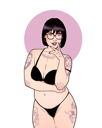 1girls black_hair bra glasses goth halloween numitor painted_nails panties purple_lipstick short_hair solo tattoo touching_face underwear