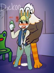 accipitrid accipitriform animal_crossing anthro anthro_on_anthro anthro_penetrated anthro_penetrating anthro_penetrating_anthro apollo_(animal_crossing) avian bird black_body black_feathers blonde_hair blush bodily_fluids bottomless bottomless_male cellphone circumcised clothed clothed/nude clothed_male clothing cum cum_drip cum_inside cum_leaking dripping duckoo duo eagle excessive_cum feathers froggy_chair fur gay genital_fluids genitals girly green_body green_fur hair half-closed_eyes heart hi_res lagomorph leporid male male/male mammal muscular muscular_male narrowed_eyes nintendo nude nude_male partially_clothed penetration penis phone precum precum_drip rabbit recording sasha_(animal_crossing) sex size_difference text video_games white_body white_feathers