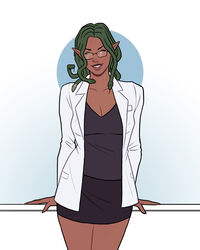 1girls cleavage dark-skinned_female dark_skin glasses gorgon green_hair labcoat numitor pointy_ears scientist shirt short_hair skirt snake_hair solo