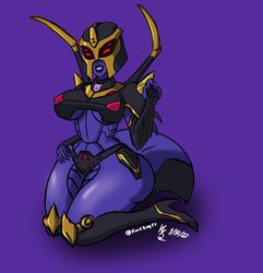 alien_girl big_breasts bikini blackarachnia deception female grin helmet kinkkingdom purple_skin red_eyes robot robot_girl sitting thick_thighs transformers transformers_animated