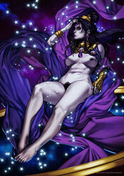 1girls abs areolae artistic artistic_background artistic_nude breasts cape dima_ivanov female_only functionally_nude goddess grey_skin hades_(game) hair_ornament hairy_pussy jewelry long_hair medium_breasts milf nipples nude_female nyx_(hades) pubic_hair stars