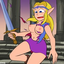 1:1 1girls 2020 blonde_hair bottomwear breasts cd-i clothing ema_npr exposed_breasts female front_view hair hi_res holding_object holding_sword holding_weapon humanoid humanoid_pointy_ears hylian looking_down melee_weapon nintendo nipples portrait princess_zelda purple_bottomwear purple_clothing purple_skirt purple_topwear royalty shocked skirt solo sword the_legend_of_zelda three-quarter_portrait topwear torn_clothing vest video_games wand_of_gamelon wardrobe_malfunction weapon zelda_(cd-i)