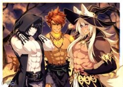 3boys abs animal_ears bicep_bracelet biceps blonde_hair_male crescentia crescentia_fortuna darius_(laosmut) dark-skinned_male dark_hair_male deltoids gold_jewelry golden_bracelets golden_jackal halloween halloween_costume hat jackal_boy jackal_ears jackal_tail light-skinned_male looking_at_viewer male male_only multiple_boys muscles muscular_arms muscular_forearms muscular_male muscular_males muscular_pecs muscular_shoulders navel nipples orange_hair_male pecs purple_eyes sethos_(deathblight) yellow_eyes