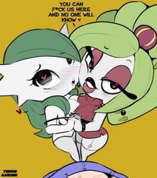 1boy 2girls anthro dialogue edit eyeshadow gardevoir hearlesssoul human_on_anthro lips lipstick penis pokémon_(species) pokemon pokemon_(species) pokemon_rse pokemon_sm tenshigarden thick_lips tsareena