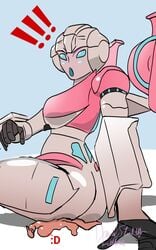 1girls anon arcee edibleava fat_ass female flattened giantess robot robot_girl sitting size_difference smaller_male straight tagme transformers transformers_cyberverse unaware