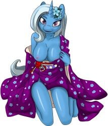 accessory alpha_channel anthro asian_clothing big_breasts breasts clothed clothing east_asian_clothing equid equine female flower flower_in_hair friendship_is_magic hair hair_accessory hasbro hi_res horn japanese_clothing kimono kneeling looking_at_viewer mammal my_little_pony plant smile solo topless transparent_background trixie_(mlp) undressing unicorn up1ter