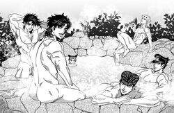 1girls 5boys bathing bathing_together battle_tendency diamond_is_unbreakable giorno_giovanna golden_kamuy hot_spring joestar_birthmark jojo's_bizarre_adventure jolyne_kujo jonathan_joestar joseph_joestar josuke_higashikata jotaro_kujo muscular nude_male pecs pectorals phantom_blood stardust_crusaders stone_ocean vento_aureo