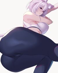 1girls animal_ears animal_tail ass athletic breasts cat_ears cat_tail catgirl hololive hololive_gamers hololive_japan kaneko_(bblogtinhan) leggings looking_at_viewer nekomata_okayu okayu_ch. purple_eyes purple_hair short_hair solo sports_bra tail virtual_youtuber white_background white_skin yoga_pants