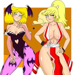 2girls bat_hair_ornament big_breasts blonde_hair bodysuit busty cleavage clothing cosplay darkstalkers dress duo fatal_fury female female_only hands_on_hips hips huge_breasts king_of_fighters large_breasts leni_loud leon_pazchowder lori_loud mai_shiranui_(cosplay) medium_breasts morrigan_aensland_(cosplay) nickelodeon sisters the_loud_house thick_thighs thighs tights wide_hips wink