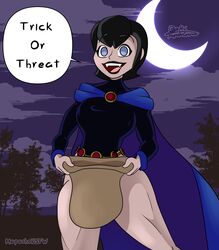 1girls bag big_ass big_breasts cloak clothing cosplay costume dc english english_text female halloween halloween_costume hotel_transylvania legs mapashonsfw mavis_dracula outerwear raven_(cosplay) raven_(dc) smooth_skin speech_bubble teen_titans thick_thighs trick_or_treat vampire white_body white_skin