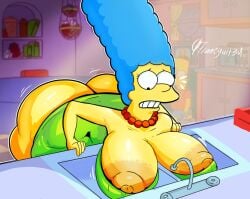 1girls artist_name big_breasts blue_hair breasts breasts_out francyart34 huge_ass huge_breasts large_breasts leaning_forward marge_simpson necklace sink the_simpsons yellow_body