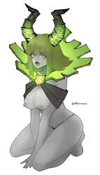 1girls breasts dota_2 green_eyes green_hair horns looking_at_viewer nooramormaan nude open_mouth pugna rule_63 simple_background solo text tongue_out white_background