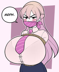 angry blush bondage breasts breasts_bigger_than_torso bursting_breasts busty buttoned_shirt gag gagged huge_breasts improvised_gag jam-orbital light_purple_hair long_hair looking_at_viewer mouth_gag muffled muffled_words office_lady original_character pencil_skirt rope rope_bondage suit text text_bubble tie tied_breasts tied_mouth tied_up white_shirt