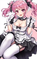 bang_dream! big_breasts black_bow bow breasts garter_belt gloves lambda_(kusowarota) legwear looking_at_viewer maid maid_headdress maid_outfit maid_uniform maruyama_aya pink_eyes pink_hair smiling smiling_at_viewer tagme twintails white_gloves white_legwear