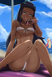 1girls absurdres anus areolae arm_support beach beach_umbrella bikini bird black_hair blue_eyes blue_eyeshadow blue_hair breasts cloud dark-skinned_female dark_skin day earrings eyeshadow female female_only hair_bun happy_female highres hoop_earrings jewelry light_blue_hair long_hair looking_at_viewer lotion lotion_bottle makeup medium_breasts milotic multicolored_hair nessa_(pokemon) nintendo nipples nonoririn ocean outdoors pokemon pokemon_(species) pokemon_ss pouring_onto_self pussy seagull seductive_smile see-through sexually_suggestive sitting sky smile solo_focus sweat swimsuit thighs two-tone_hair umbrella water white_bikini