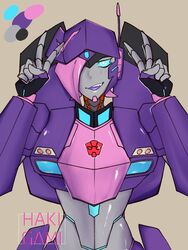 1girls arcee artist_request autobot bangs bangs_over_one_eye blue_eyes double_v_sign fang female female_only gamihaki grin hair_over_one_eye one_eye_covered peace_sign robot robot_girl solo tagme_(artist) transformers v_sign