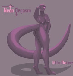 absurd_res alicethedeer female female_symbol fully_shaded gender_symbol hi_res male_symbol nude pink_eyes pinup pose purple_body purple_skin reptile scales scalie simple_background snake solo symbol thick_tail thick_thighs