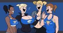 blonde_hair blue_clothing british cleavage dj_(hellonearthiii) fans happy hellonearthiii huge_breasts laughing