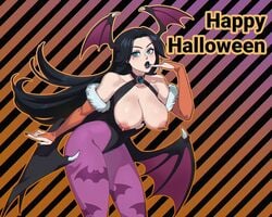 1girls :o aqua_eyes areolae arm_gloves bat_print bent_over black_fingernails black_hair black_lipstick breasts breasts_out capcom clothing cosplay cuddlepitgames darkstalkers demon_wings female female_only finger_to_mouth halloween head_wings hi_res large_breasts leotard long_hair looking_at_viewer mole mole_under_eye morrigan_aensland_(cosplay) nipples original original_character pantyhose pink_pantyhose solo solo_female wings