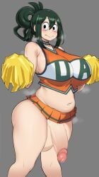 1futa 69anon69_(edit) balls big_balls big_breasts big_penis bottomless breasts cham22 cheerleader_uniform clothed clothing edit flaccid futa_only futanari human light-skinned_futanari light_skin mostly_clothed my_hero_academia navel penis solo standing tsuyu_asui