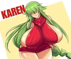 1girls alto-kun bare_thighs big_breasts green_hair huge_breasts karen_(matsu-sensei) milf sideboob solo solo_female sweater tagme thick_thighs virgin_killer_sweater