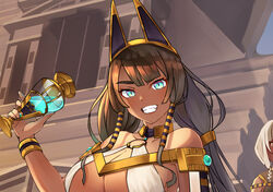 2girls bare_midriff bare_shoulders barefoot black_hair blue_eyes bracelet bracelets bright_eyes dark-skinned_female dark_skin egyptian egyptian_clothes egyptian_clothing egyptian_vulture fangs female female_focus female_only glowing_eye gold_(metal) gold_jewelry headband inner_sideboob large_breasts long_hair midriff navel navel_cutout open_clothes red_eyes see-through see-through_clothing servant short_hair sitting smile sphinx standing tagme transparent_clothing water white_hair yaya_(artist)