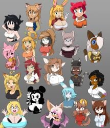 :d anisa_(skarpworld) baozi_(diives) big_breasts breasts cassie_(theycallhimcake) cleavage cornelia_(kinkymation) crossover cute doe_(alfa995) female fiona_fawnbags_(dullvivid) goya_(lucyfercomic) gray_background lucia_(scott_malin) lukki lukki_twi molly_(angstrom) multiple_girls nera_(the_other_half) pac-man_eyes percy_(teckworks) sally_mcboing smile tagme waving