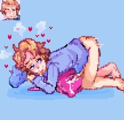 anime bent_over blue_background blush bottomless cum flushed_face friday_night_funkin half-dressed heart hearts_around_head humping male male_only masturbation penis pillow pillow_humping pixel_art senpai_(friday_night_funkin) solo topwear video_game_character video_games