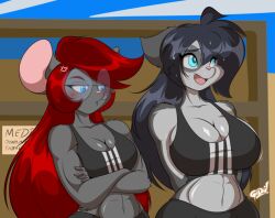 2023 2girls abs anthro athletic_female black_hair breast_envy breast_size_difference breasts chrissy_mccloud cleavage feline female female_only furry glasses grey_fur huge_breasts mastergodai medium_support_(meme) meme mouse muscular_female rascals raven_fields red_hair size_difference sports_bra