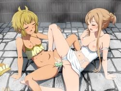 2girls argo_the_rat artist_name artist_signature belly blonde_hair blush breasts climax collarbone dark-skinned_female dark_skin drooling eyes_closed feet female female_only hair_between_eyes hosaka_carina_tomo light-skinned_female light_skin long_hair looking_at_another multiple_girls mysteryctu navel nipples open_mouth orgasm orgasm_face pleasure_face pussy pussy_juice saliva sex sex_toy sex_toy_insertion shiny shiny_skin short_hair spread_legs squirting sweat sword_art_online thick_thighs thighs tied_hair toes tongue vaginal_penetration whisker_markings whiskers yuri yuuki_asuna