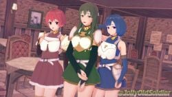 3d 3girls arm_behind_head armpits bangs bare_thighs blue_eyes blue_hair breasts bridal_gauntlets catria_(fire_emblem) chair dress est_(fire_emblem) female female_only fire_emblem fire_emblem:_mystery_of_the_emblem fire_emblem:_shadow_dragon_and_the_blade_of_light green_eyes green_hair hand_on_own_chest headband indoors jollyoldsoldier long_hair looking_at_viewer medium_breasts multiple_girls nintendo open_mouth palla_(fire_emblem) red_eyes red_hair short_hair sisters small_breasts smile table thighs