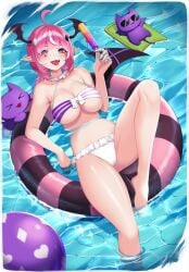 ahoge bangs bikini breasts camila_(vtuber) cimp_(camila) cleavage demon_girl demon_wings fan_mascot_(vtuber) female frilled_bikini hair_ornament head_wings holding innertube large_breasts looking_at_viewer multicolored_hair open_mouth pink_hair pointy_ears purple_eyes smile solo striped_bikini succubus swimsuit virtual_youtuber water wings