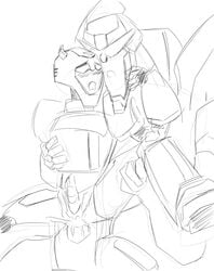 autobot blush bumblebee_(transformers) carrying cum_in_ass cum_splatter hand_on_chest hand_on_thigh moaning open_mouth prowl_(transformers) standing_sex transformers transformers_animated yaoi