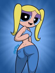 1girls aged_up ass back bedroom_eyes bigtyme blonde_hair blue_background blue_eyes bubbles_(powerpuff_girls) butt butt_crack clothed clothed_female eyelashes female female_only from_behind half-closed_eyes human human_only looking_at_viewer looking_back open_mouth pants powerpuff_girls smile smiling_at_viewer solo standing superheroine tank_top theedministrator765 tongue twintails weird