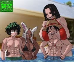 2boys 2girls abs age_difference artist_name athletic_female big_breasts bikini bikini_bottom bikini_top black_hair boa_hancock breasts_bigger_than_head bunny_ears cleavage couple crossover dark-skinned_female dark_skin earrings female green_eyes green_swimsuit group_sex huge_breasts izuku_midoriya kemonomimi large_breasts male mature_female miruko monkey_d_luffy muscular_female my_hero_academia older_female one_piece red_eyes rumi_usagiyama scar shosho_oekaki swimming_pool swimsuit teenager thick_thighs thighs twitter_username white_hair wide_hips x_scar younger_male