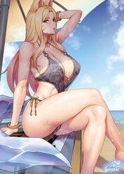 1girls 2021 ahri alternate_version_available animal_ears arm_support bare_shoulders beach beach_umbrella blonde_hair blue_eyes breasts cleavage collarbone crossed_legs female female_focus female_only gonster k/da_ahri k/da_series large_breasts league_of_legends looking_at_viewer open_mouth seaside sideboob sitting solo steamy_pussy sweat sweatdrop swimsuit swimwear thick_thighs thighs water_drop wet wet_body wet_skin